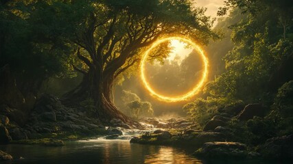 A glowing golden circular portal illuminates a river flowing through a magical forest, fantasy, mystery, imagination, adventure, dreams, surreal landscapes, timeless connection nature and wonder. - Powered by Adobe