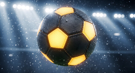 Naklejka premium Dynamic soccer ball glowing with energy, captured mid-air during a thrilling night game under stadium lights, rain falling.