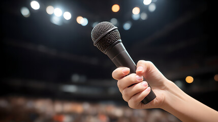 A hand grips a microphone on stage