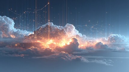 Abstract Glowing Cloud Network with Data Particles and Energy Rays for Cloud Computing Technology