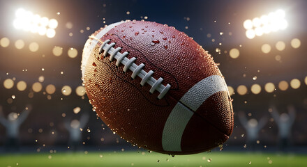 Dynamic American football glistening with rain drops soars under bright stadium lights creating an electrifying atmosphere for the game