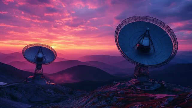 Massive satellite dishes stand against a glowing purple sky at sunset over mountains, communication, space research, astronomy, technology, and unending search for knowledge beyond Earth horizons.