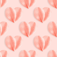Minimal aesthetic seamless pattern of Pink hearts from feathers on pastel peach background. Symbol of love and romance, holiday greetings for Valentine Day, pink monochrome photo, top view layout