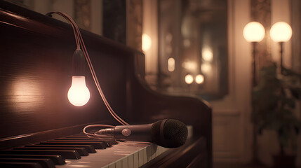 A wireless microphone and a lightbulb rest on the keys of a piano.
