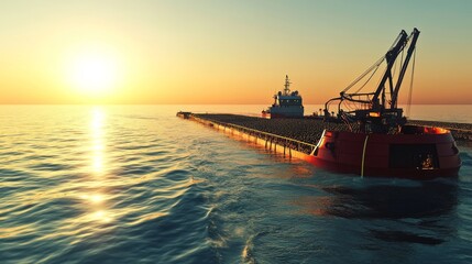 Fototapeta premium 44.A service ship with specialized feeding equipment releasing nutrient-rich pellets into an offshore aquaculture pen, the shipâ€™s wake creating gentle ripples across the ocean.
