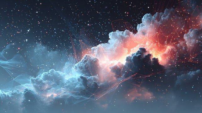 Abstract Cloud Network with Glowing Digital Connections and Energetic Data Flow