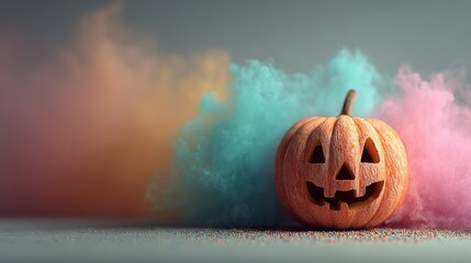 Halloween Jack-o'-Lantern Pumpkin with Colorful Smoke. Minimal Holiday Concept.