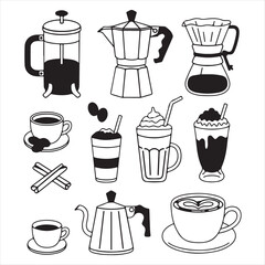 Obraz premium Black and white line art collection of coffee brewing equipment and drinks french press moka pot