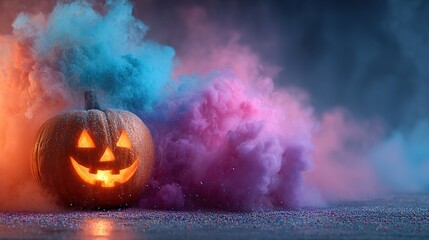 Halloween Jack-o'-Lantern Pumpkin with Colorful Smoke. Minimal Holiday Concept.