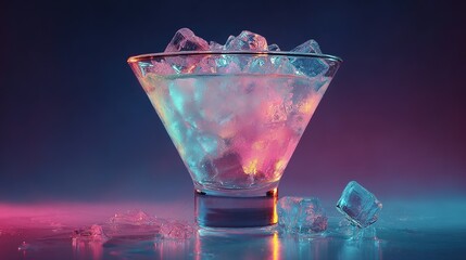 Martini Glass Filled with Ice Cubes in Neon Iridescent Pink and Blue Colors. Minimal Night Party Life Concept.