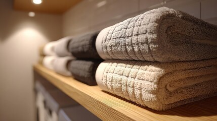 Wooden board with towels in laundry room concept. Neatly stacked towels in a modern bathroom setting on a shelf.