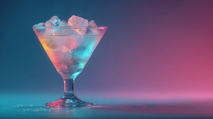 Martini Glass Filled with Ice Cubes in Neon Iridescent Pink and Blue Colors. Minimal Night Party Life Concept.
