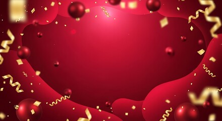 Elegant red background with golden confetti and ribbons for festive celebration and special occasion