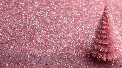 Pink Glitter Background with Christmas Tree. Flat Lay Shiny Texture for New Year Concept.