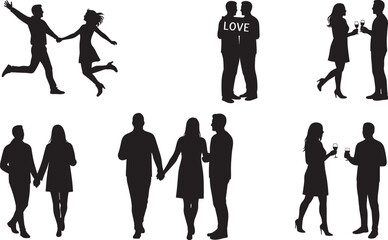 Black silhouette of couples in romantic poses, love, celebration, walking together, emotional connection, relationship, joy, affection, bonding, lifestyle, unity