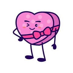 Whimsical Pink Heart Shaped Gift Box Cartoon Character with Ribbon and Playful Expression on Transparent Background Illustration