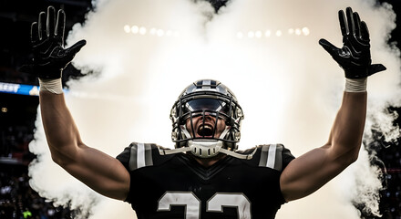 Intense football player triumphantly entering stadium through smoke, ready for victory, showcasing strength and determination, embodying peak performance