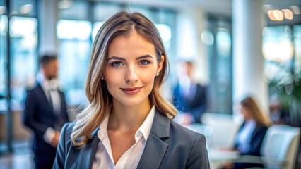 Obraz premium imagine primo piano di giovani donna professionista in abito formale, sfondo sfuocato di ambiente lavorativo