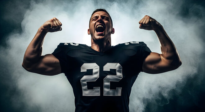 Triumphant football player celebrating victory, showing off strength and power in smoky stadium, perfect for sports advertising and motivational campaigns - Powered by Adobe