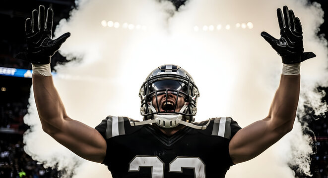 Intense football player triumphantly entering stadium through smoke, ready for victory, showcasing strength and determination, embodying peak performance
