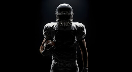 Powerful American football player in full gear holding the ball, ready for action with dramatic lighting against a dark background
