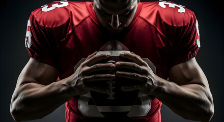 Intense football player in red jersey clutches game ball with focused determination, embodying athletic spirit and championship drive