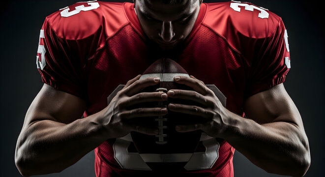 Intense football player in red jersey clutches game ball with focused determination, embodying athletic spirit and championship drive - Powered by Adobe