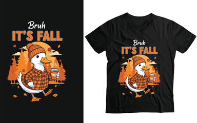 Funny Bruh It's Fall Duck T-Shirt Design - Duck in Flannel and Beanie with Coffee Graphic