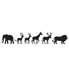 Fototapeta premium Black Silhouette Vector of Multiple Wild Animals Including Elephant, Giraffe, Zebra, Lion, and Deer Walking in Safari Lineup on White Background Full Ultra HD (14).eps