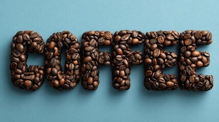 Word "Coffee" Made of Coffee Beans on Bright Background with Copy Space. Flat Lay Concept.