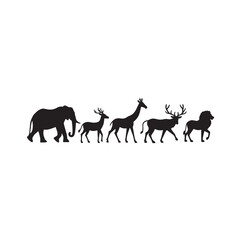 Obraz premium Black Silhouette Vector of Multiple Wild Animals Including Elephant, Giraffe, Zebra, Lion, and Deer Walking in Safari Lineup on White Background Full Ultra HD (20).eps