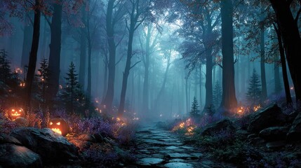 Fototapeta premium A haunted forest shrouded in mist with glowing jack-o'-lanterns peeking through the trees