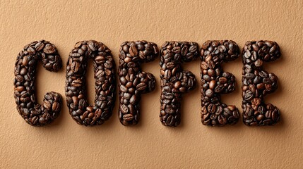 Word "Coffee" Made of Coffee Beans on Bright Background with Copy Space. Flat Lay Concept.