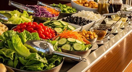 Healthy Salad Buffet Bar with Fresh Vegetables and Sauces
