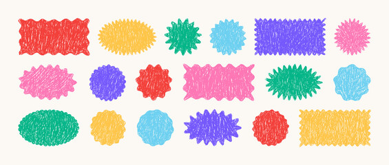 Crayon Zig zag Wavy Edge Rectangle, Oval, Circle Stickers Set. Vector Hand Drawn Chalk Jagged Geometric Shapes in Retro Style. Doodle Abstract Elements for Frame, Stamp, Template, Promo Design