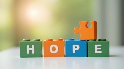 Colorful blocks spell HOPE with a missing puzzle piece, representing faith, resilience, and optimism for the future