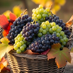 Close Up of Harvested Grapes in Basket with Autumn Leaves