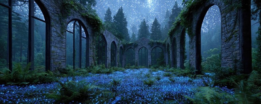 Abandoned ancient chapel with tall windows concept. A serene ruined structure covered in vibrant blue flowers and greenery.
