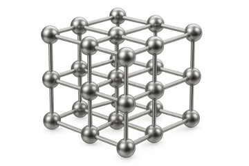 Atoms forming a metallic cubic lattice, illustrating molecular structure, scientific research, and engineering concepts. Isolated