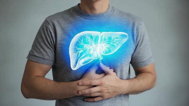 Man with hands on stomach showing glowing blue liver graphic on t-shirt for health diagnosis, digestive pain, liver disease awareness, and innovative medical technology for internal organ monitoring