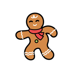 Smiling Gingerbread Man with Red Scarf on Transparent Background Festive Christmas Decoration Cookie Brown Color Happy Expression Outline Illustration