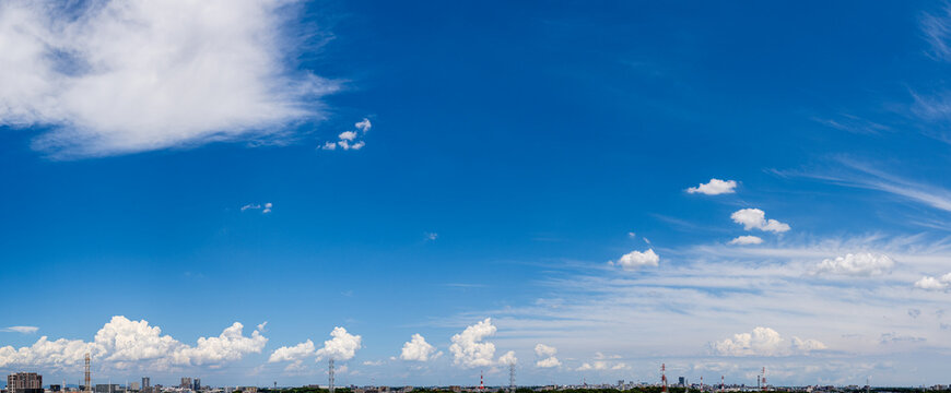 夏空の地平線に並ぶ塔状雲と巻積雲