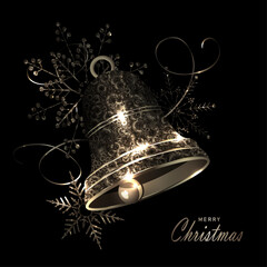 Merry Christmas. 2026. Isolated gold textured bell with snowflakes.