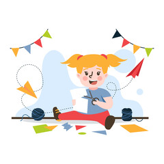 Young Girl with Blonde Hair Crafting on Transparent Background with Paper Airplane and Bunting