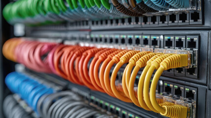 Colorful ethernet cable network switch data center cable management information technology server rack patch panel connection