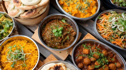 Colorful Array of Traditional Indian Dishes Served in Bowls with Fresh Herbs and Spices