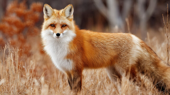 Red fox in autumn field with backlit fur, gentle expression, golden grass, and soft natural light, creating serene wildlife scene - Powered by Adobe