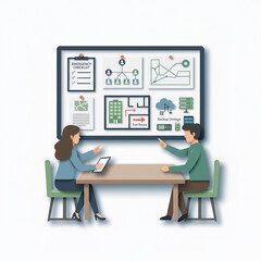 Business continuity planning meeting with emergency checklist and contact tree on a white background