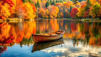 Obraz premium Autumn rowboat on a lake wallpaper background
