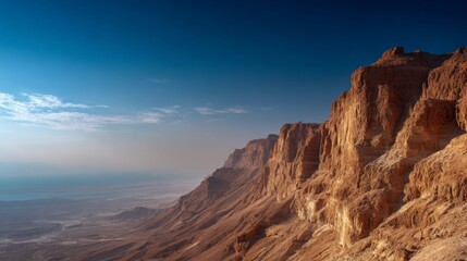 Fototapeta premium Dramatic desert cliffs overlook a serene landscape at sunset near the Dead Sea in Israel